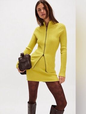 4020. FREE PEOPLE Eliza Mini Skirt Sweater Set in Chartreuse NWT $168